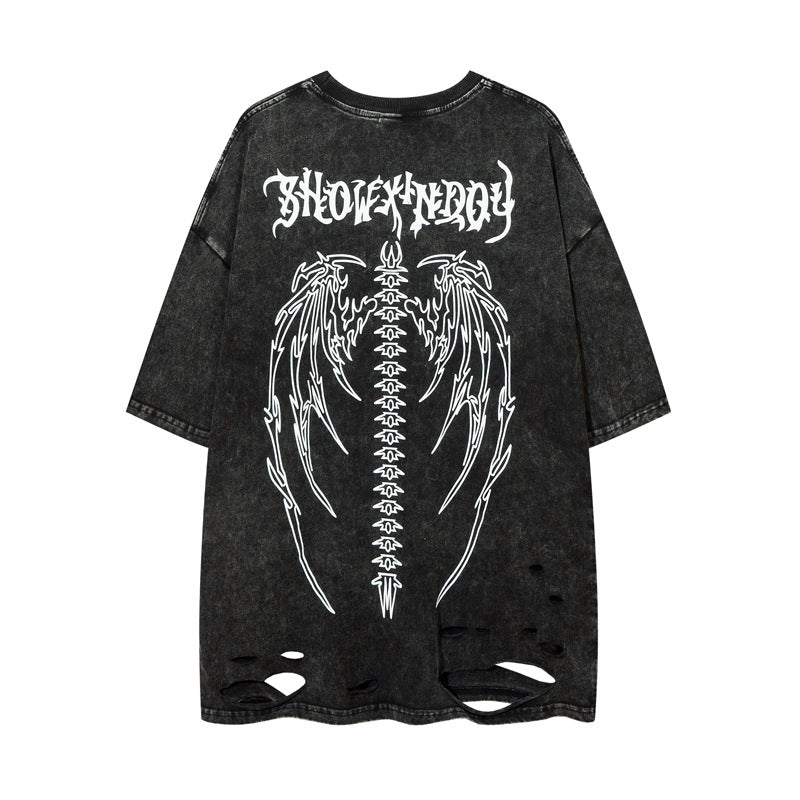 Hip Hop Retro Washed Distressed Printed Ripped Short Sleeve