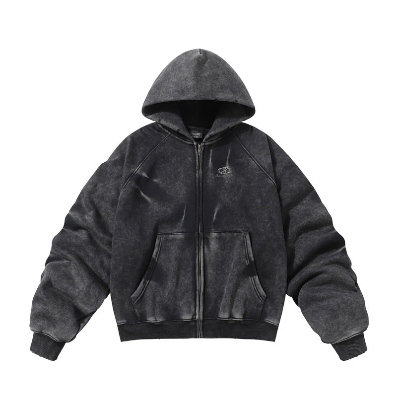 Winter American Retro Washed Distressed Hooded Fleece Lined Sweater