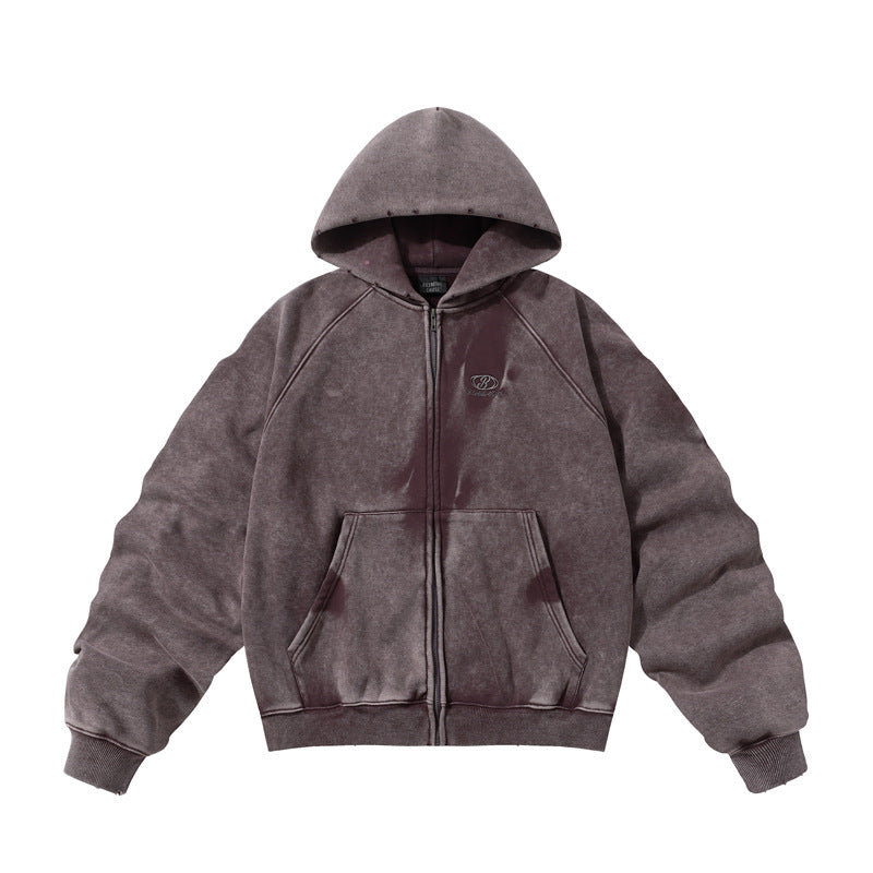Winter American Retro Washed Distressed Hooded Fleece Lined Sweater