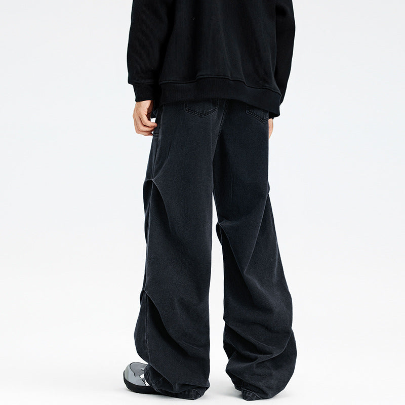 Paratrooper Patchwork Easy Matching Straight-leg Pants Black Jeans