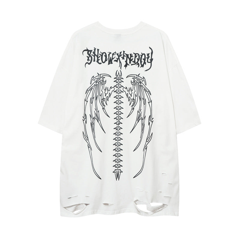 Hip Hop Retro Washed Distressed Printed Ripped Short Sleeve