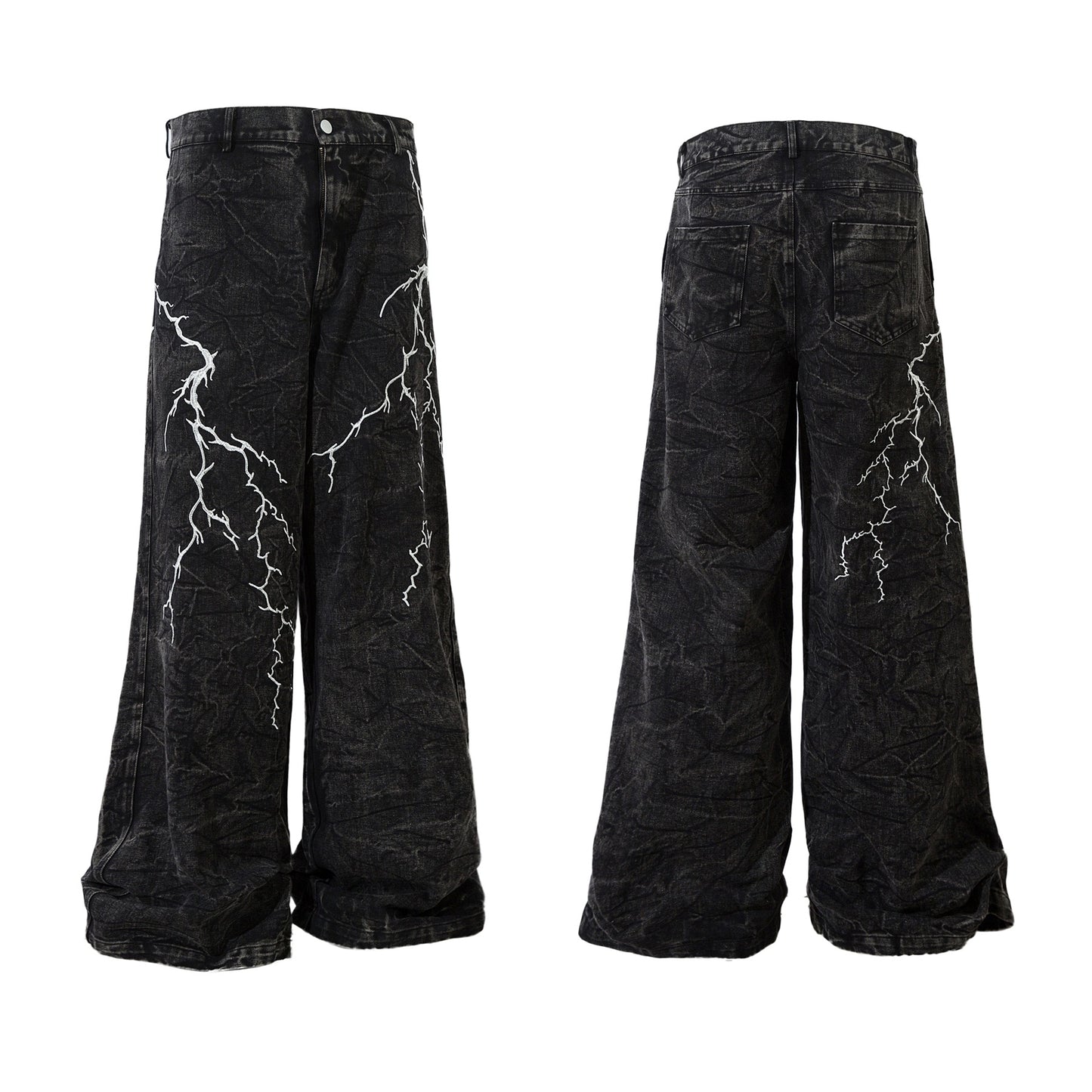 Retro Heavy Industry Lightning Embroidery Pattern Loose Jeans