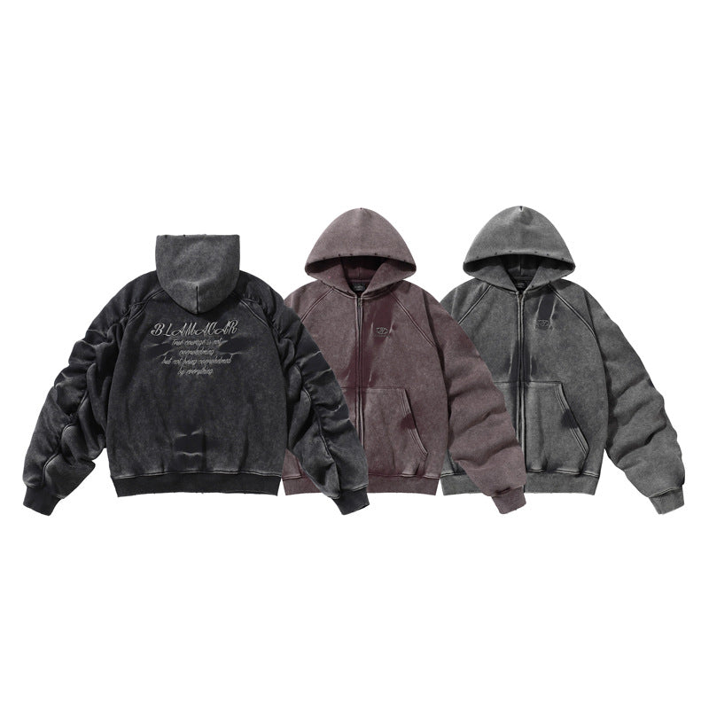 Winter American Retro Washed Distressed Hooded Fleece Lined Sweater