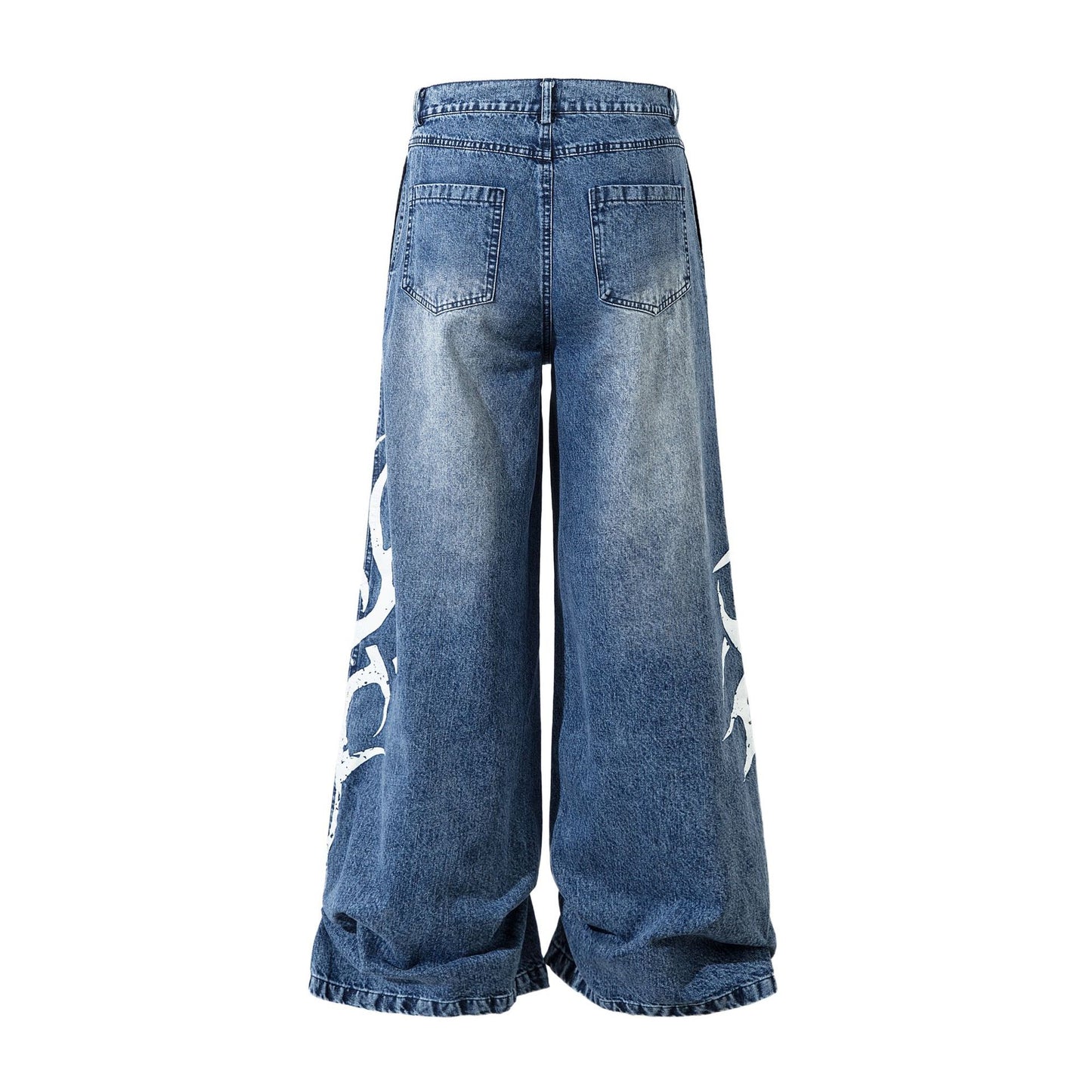 Men's American-style High Street Fashionable Thorn Printed Washed Jeans