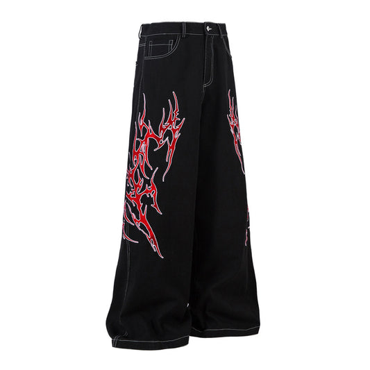 High Street Contrast Color Thorn Embroidery Wide Leg Casual Trousers