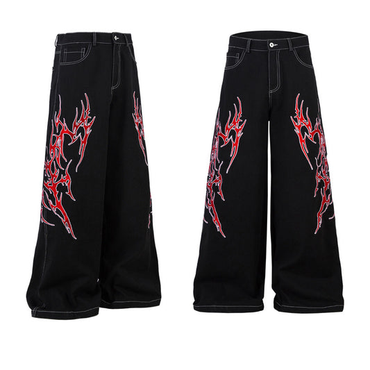 High Street Contrast Color Thorn Embroidery Wide Leg Casual Trousers