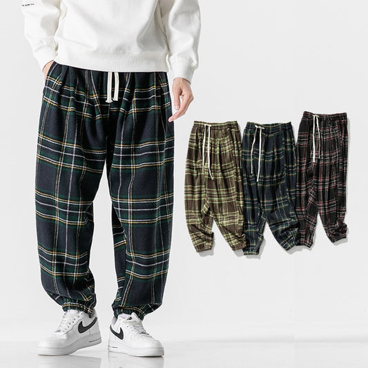Hong Kong Style Plus Size Woolen Casual Harlan Plaid Pants