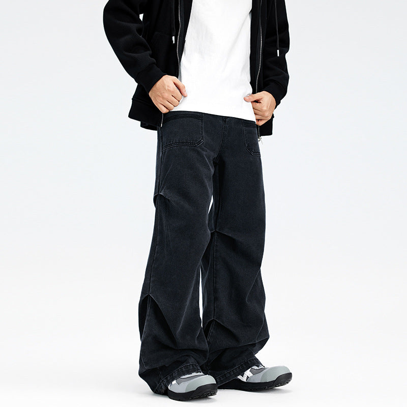 Paratrooper Patchwork Easy Matching Straight-leg Pants Black Jeans