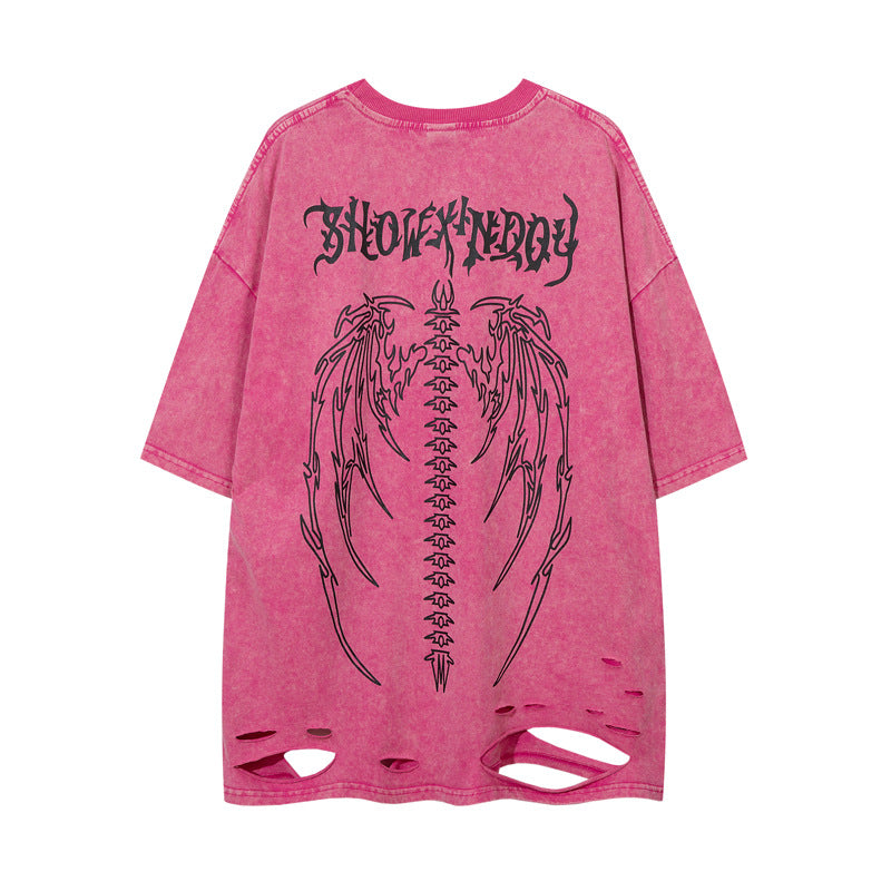 Hip Hop Retro Washed Distressed Printed Ripped Short Sleeve