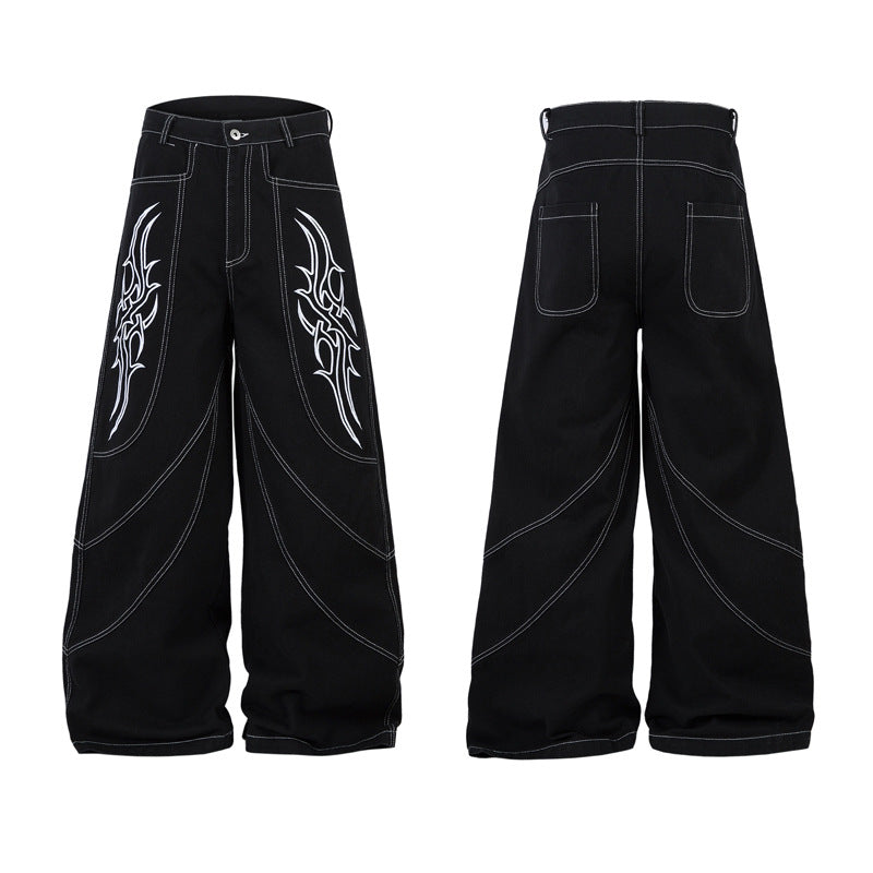 Dark High Street Bristle Embroidered Black Jeans