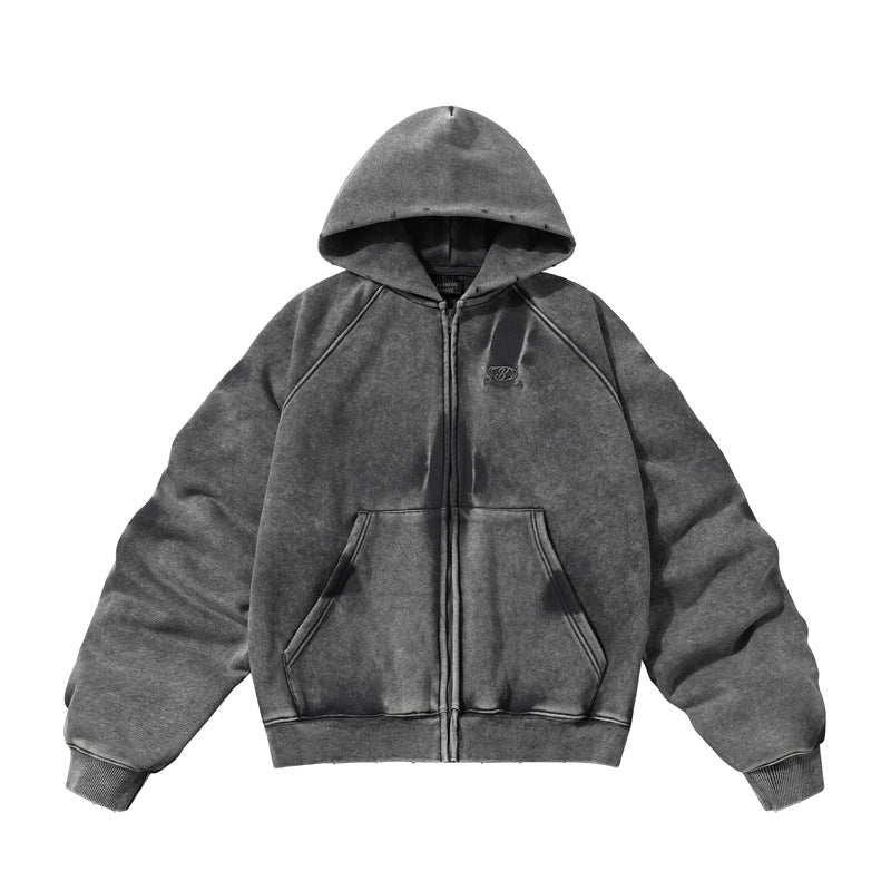 Winter American Retro Washed Distressed Hooded Fleece Lined Sweater