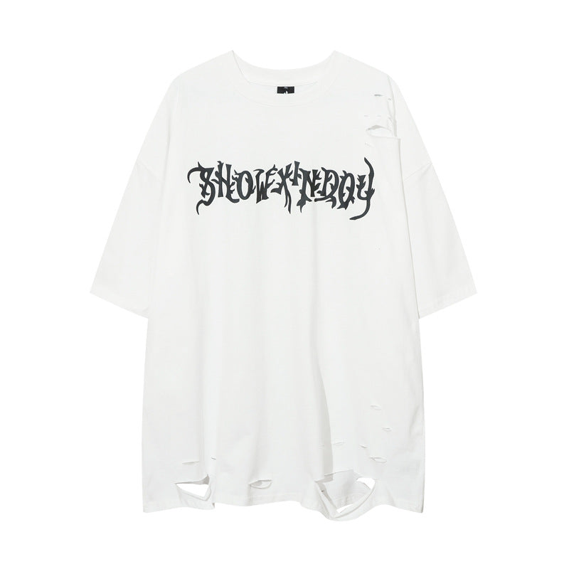 Hip Hop Retro Washed Distressed Printed Ripped Short Sleeve