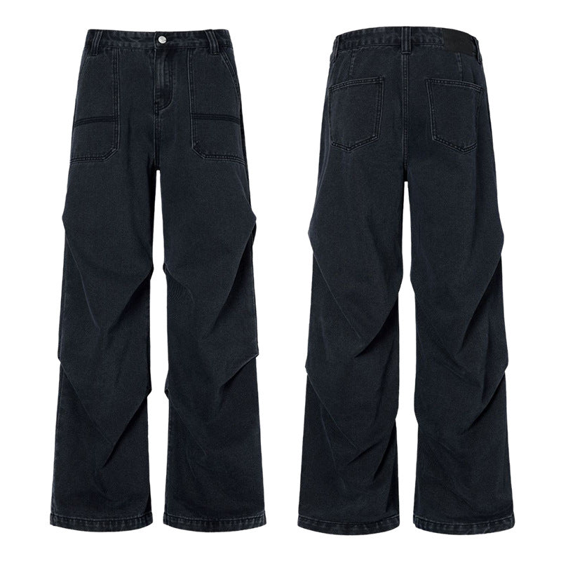 Paratrooper Patchwork Easy Matching Straight-leg Pants Black Jeans