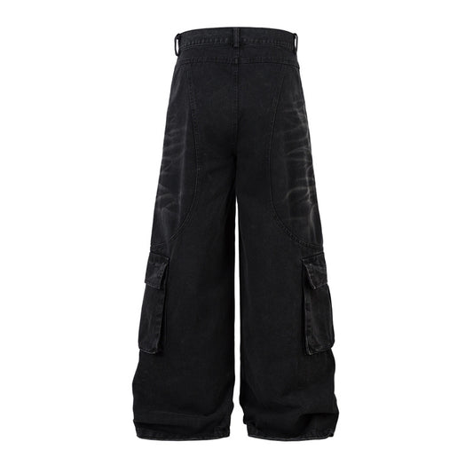 High Street American Retro Washed Distressed Multi-pocket Workwear Jeans