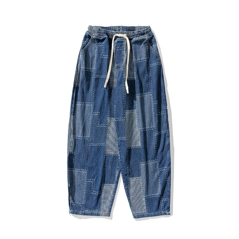Retro Loose Plaid Stitching Wide Leg Straight Pants