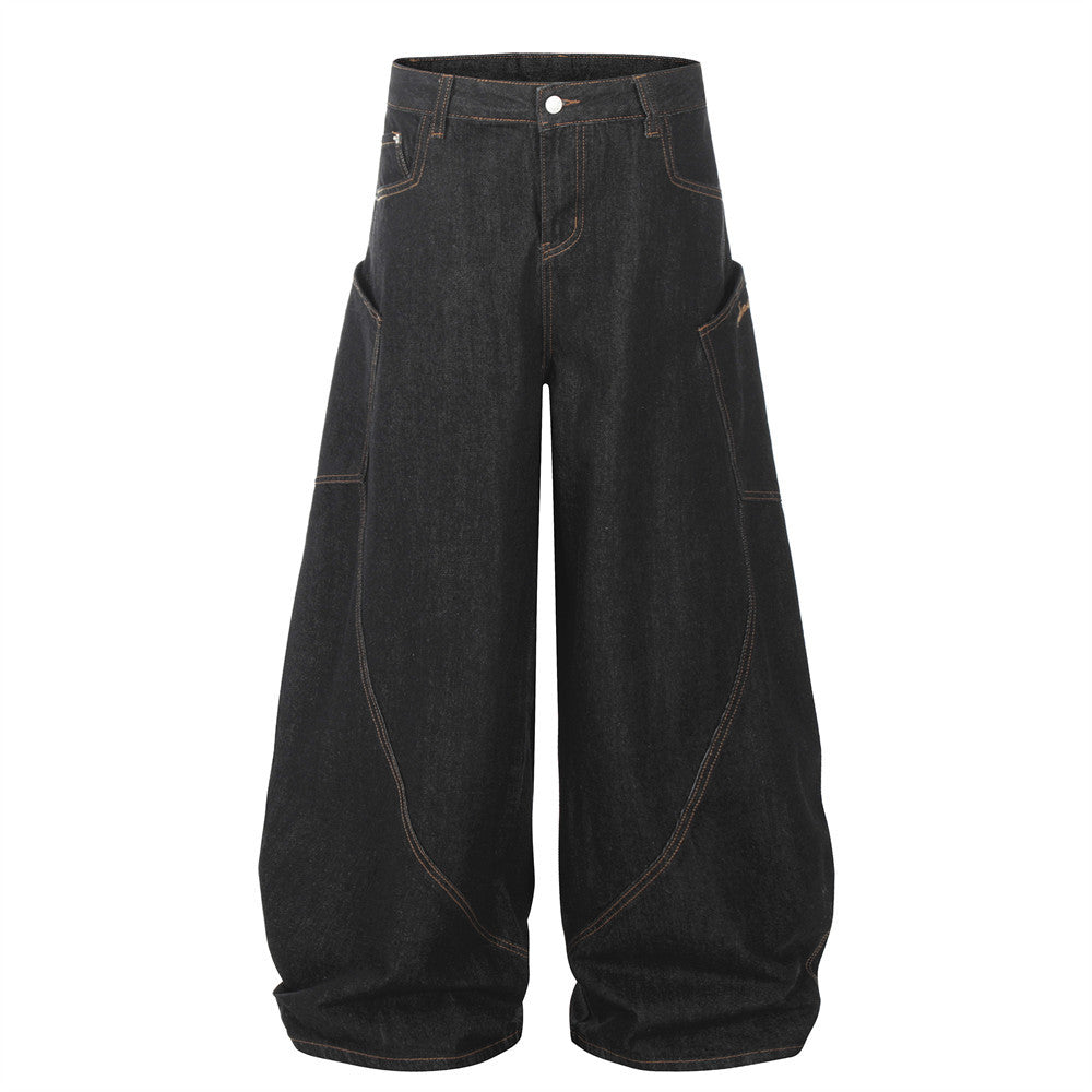 Loose Wide Leg Denim Matchet Pants Hip Hop Design Sense