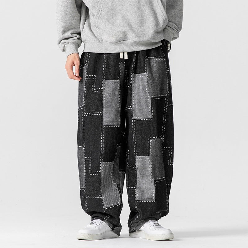 Retro Loose Plaid Stitching Wide Leg Straight Pants