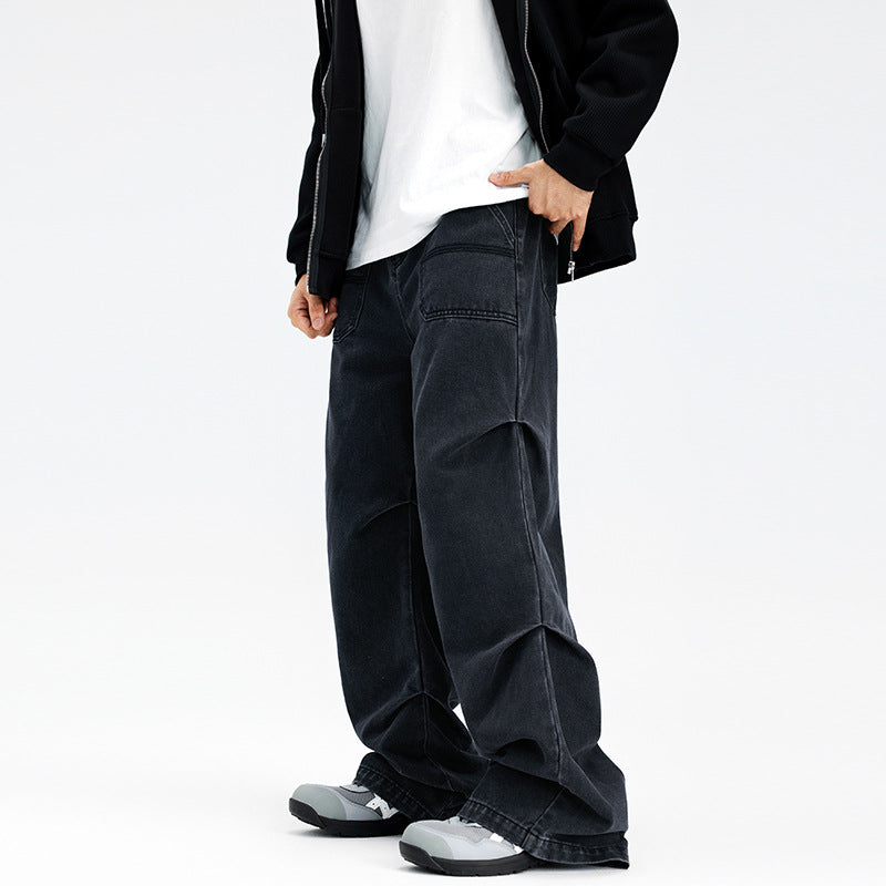 Paratrooper Patchwork Easy Matching Straight-leg Pants Black Jeans
