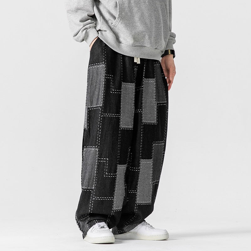 Retro Loose Plaid Stitching Wide Leg Straight Pants