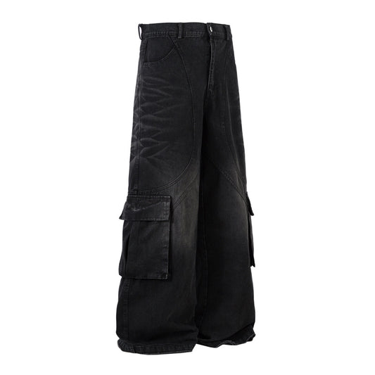 High Street American Retro Washed Distressed Multi-pocket Workwear Jeans