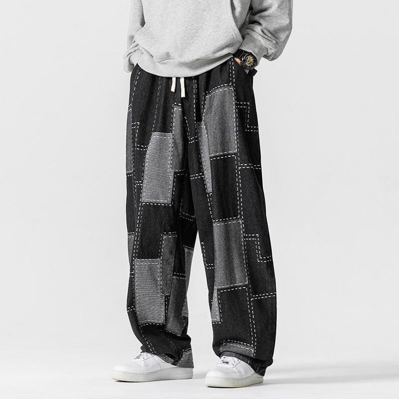 Retro Loose Plaid Stitching Wide Leg Straight Pants