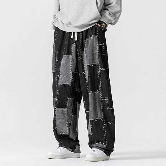 Retro Loose Plaid Stitching Wide Leg Straight Pants